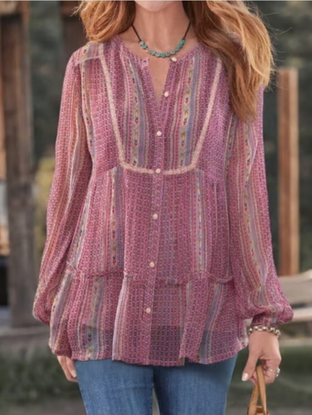 Sundance Gemini Pink Boho Flowy Peasant Tunic Blouse. 2- Piece Size Large